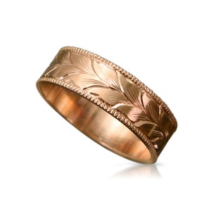 Wide wedding band, Wedding band women, Boho wedding band, Nature inspired wedding ring, Antique wedding band, Engraved wedding band, 14k