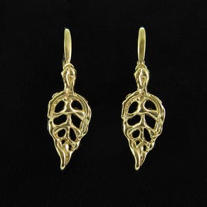 Solid gold earrings, Drop gold earrings, Bridal gold earrings, Unique wedding earrings, Boho gold earrings, Gold leaves earrings, Dangle image 3