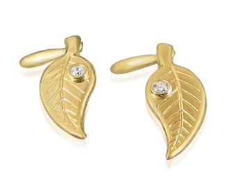 Bladgoudoorbellen, hangende diamanten oorbellen, massief gouden oorbellen, bruidsoorbellen, op de natuur geïnspireerde sieraden, vergrendeling, 14k/18k goud