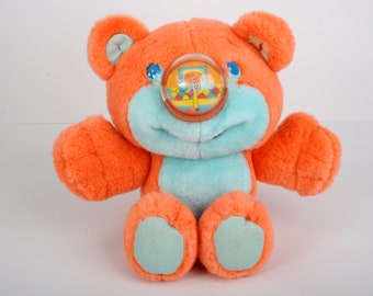 Vintage 11" Nosy bear, Basketball Rumpus nosybear, orange basket nosy bears, popinours, nosynours, squeeze 80s toy plush doll bear 1980s