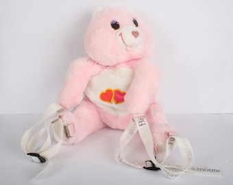 Pink Love-a-lot Care Bear backpack, Love a lot Care Bears, 1980s stuffed toy 80s collectable, carebear bag Bisonours GrosCheri