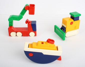 3x Vintage Tomy Modul'auto, Bulldozer Ship Fire engine, Chunky Changers, Modular Childrens Toy, 80s 1988, like Modul Modul'animo transformer