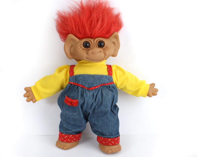 XL Uneeda Troll doll, red hair dungaree, Large Wishnik trolls with clothes, 1987 doll, 80s 90s toy image 3
