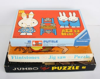 3x Jig saw Puzzles Nijntje / Miffy , The Flintstones , Jumbo Puzzle vintage car, Ravensburger, Hanna Barbera 1976 1977