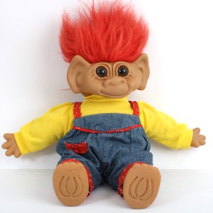 XL Uneeda Troll doll, red hair dungaree, Large Wishnik trolls with clothes, 1987 doll, 80s 90s toy image 1