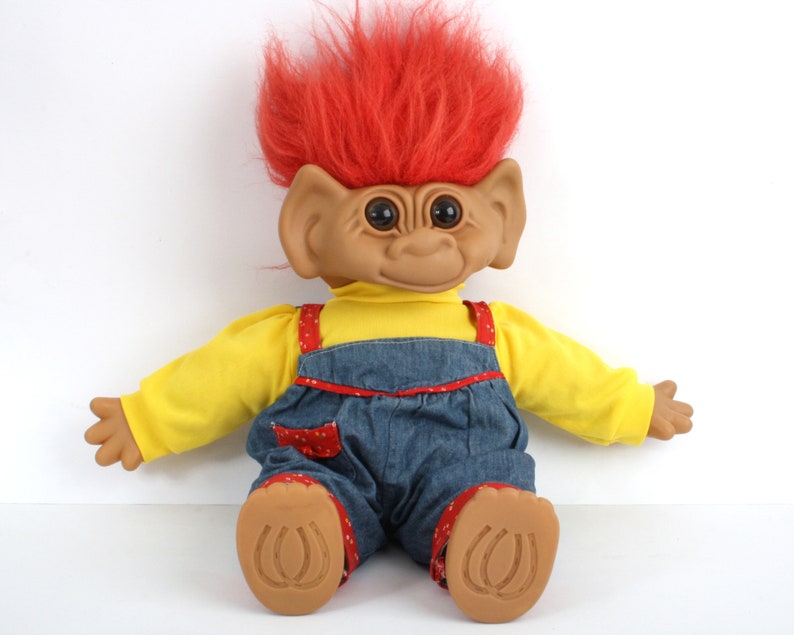 XL Uneeda Troll doll, red hair dungaree, Large Wishnik trolls with clothes, 1987 doll, 80s 90s toy image 1