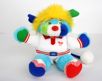 Sports Popples, Tennis Popple 10" ball, EU / Europe Popple Net Set, medium size vintage blue plush toy, original 80s Mattel 1988