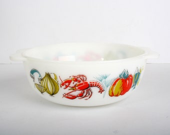 Round JAJ Pyrex Lobster Casserole dish / Bowl, 7" / 18 cm Lobster Harvest vegetable pattern, Vintage Kitchen 60s 70s Glass Bowl, Space Saver