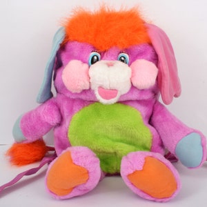 Popples Pancake Backpack, purple green Popple school bag, vintage plush toy rucksack, original 80s Mattel 1986 image 1