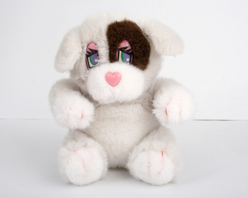 Vintage 80s BELLA dog plush, 20 cm / 8 Italian Gichi Preziosi 1980s stuffed animal toy, grey brown, heart nose image 1