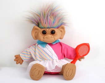 Large Uneeda Troll doll, Tennis Pro sports Wishnik trolls with pink clothes and original racket, rainbow hair, 1987 doll, 80s 90s toy