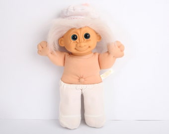 Russ Berrie Troll, 12" Large plush trolls doll with hat, light pink hair, soft body 80s 90s collectable toy