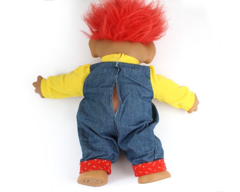 XL Uneeda Troll doll, red hair dungaree, Large Wishnik trolls with clothes, 1987 doll, 80s 90s toy image 4