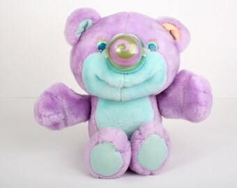 Vintage 11" Nosy bear, Dizzy, moving spiral, purple green nosybear, nosy bears, popinours, nosynours, 80s toy plush doll pluche bear 1980s