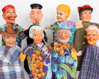 8 marionetas de mano vintage, de los años 70, 80 y 90, para espectáculos de marionetas, para obras de teatro: rey, reina, vaquero, predicador, abuela / set de Punch & Judy #1
