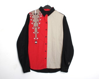 Vintage blouse, rood grijs zwart, geometrische print, western jaren 80 stijl shirt voor dames, Brooks & Dunn maat S