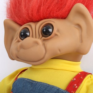 XL Uneeda Troll doll, red hair dungaree, Large Wishnik trolls with clothes, 1987 doll, 80s 90s toy image 2