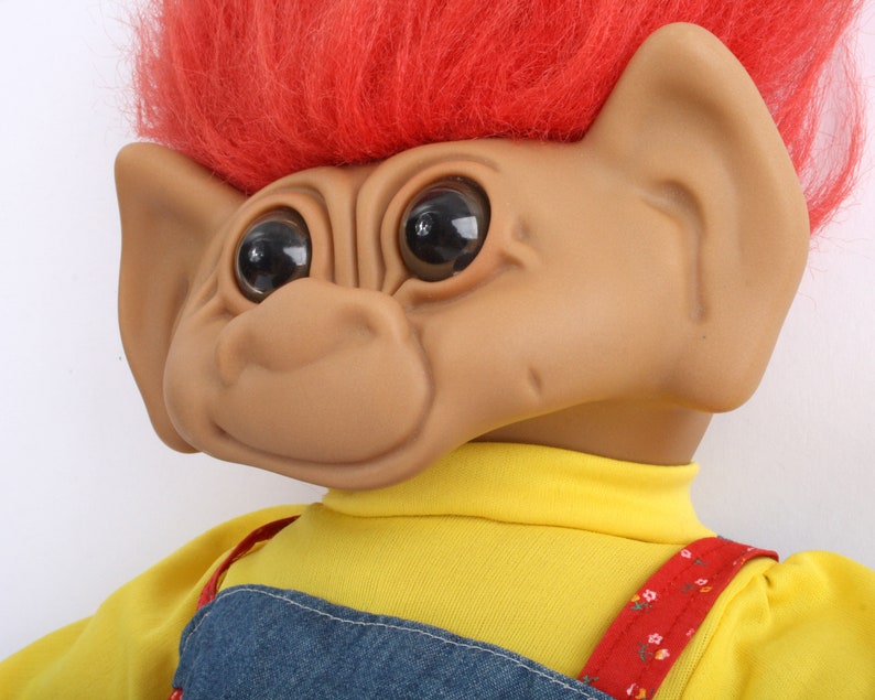 XL Uneeda Troll doll, red hair dungaree, Large Wishnik trolls with clothes, 1987 doll, 80s 90s toy image 2