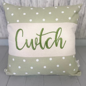 Cwtch Cushion-Green Dotty cushion - Welsh quote cushion