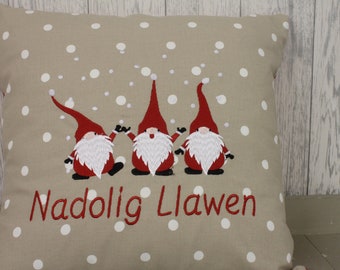 16” Christmas Gnomes Cushion, Festive Cushion-Festive Gnomes- Welsh  Christmas Gnomes-Nadolig Llawen.