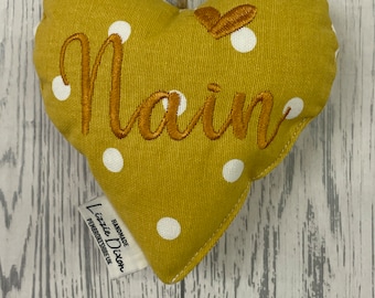 Mother's Day Decorative Hanging Heart- Mum Personalised Mother's Day Gift-Mustard Dotty Stuffed Lavender hanging Heart