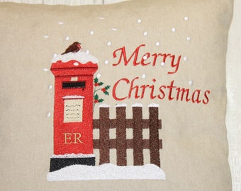16” Christmas Cushion.Letters to Santa Cushion snowy postbox and robin nostalgic Xmas scene handmade Christmas cushion