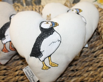 Puffin Hanging Heart-Cute Puffin fabric hanging heart. Lavender Fabric Heart