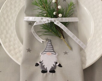 Christmas Napkins - Festive table- Christmas gnome Napkins -Handmade festive Gnome Napkins - Grey Star Fabric Napkins