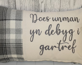 Welsh Quote Personalised Cushion- Quote Cushion- Grey Check Wool touch and Cream long cushion. Personalised cushion-