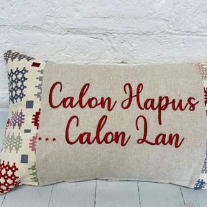Welsh Blanket style Calon Hapus.. Calon Lan Cushion-Personalised Cushion- Quote Cushion-welsh tapestry style long cushion.