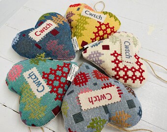 Cwtch Hanging Heart-Welsh Blanket style lavender heart- Welsh Tapastry fabric heart