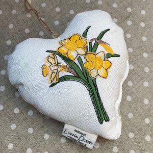 Daffodil Hanging Heart. Welsh gifts- Welsh keepsake  embroidered  hanging heart