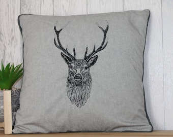 Stags Head Cushion,14" Grey Cushion, Stag Cushion, Wildlife collection-Piped cushion-double sided-cushion cover