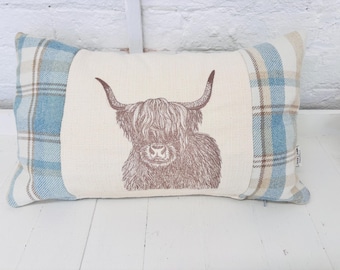 Highland Cow with Duckegg Blue Long Cushion
