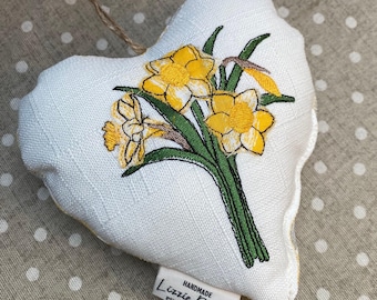 Daffodil Hanging Heart. Welsh gifts- Welsh keepsake embroidered hanging heart