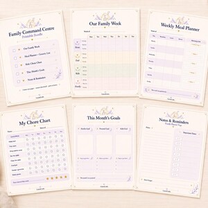 May include: A collection of printable family planning pages. The pages include a weekly meal planner, chore chart, and goal setting sheets. The designs feature a soft color palette with floral accents and the text "Family Command Centre".