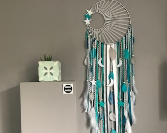 Attrape rêves dreamcatcher tissage soleil, turquoise, canard, gris et blanc geant