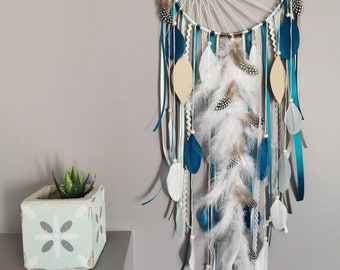 Attrape reves Dreamcatcher tissage soleil beige et cercle blanc en bleu canard, beige et taupe