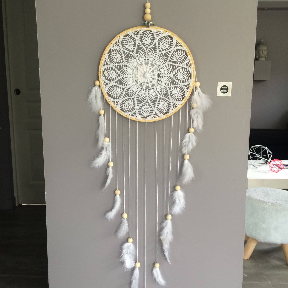 Très Grand Attrape Rêves/Dreamcatcher Attrapeur de en Dentelle, Plumes et Perles Bois