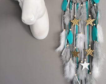 Attrape rêves Dreamcatcher tissage soleil noir, en bleu-vert turquoise, gris, blanc avec étoiles