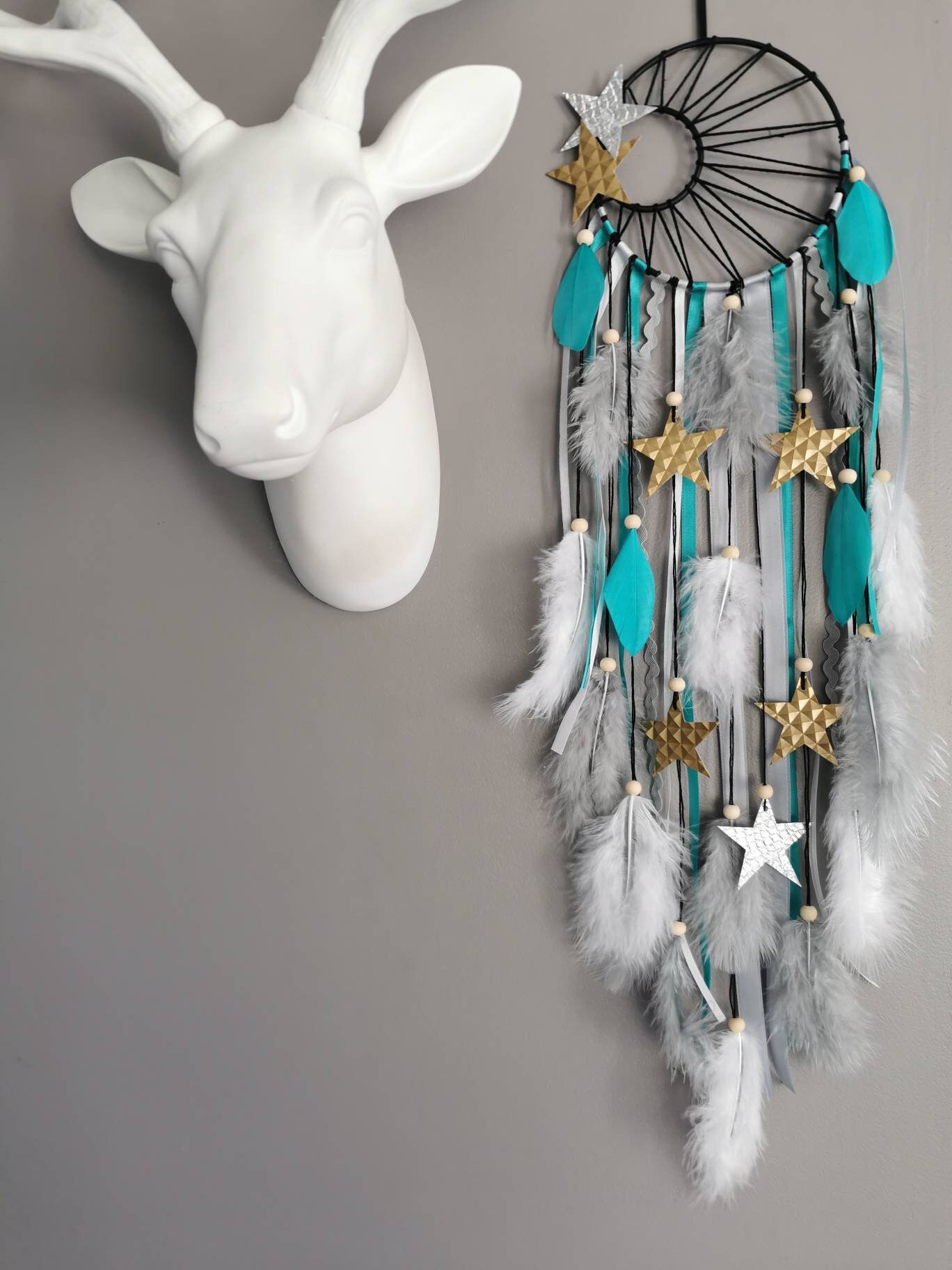 Attrape Rêves Dreamcatcher Tissage Soleil Noir, en Bleu-Vert Turquoise, Gris, Blanc avec Étoiles