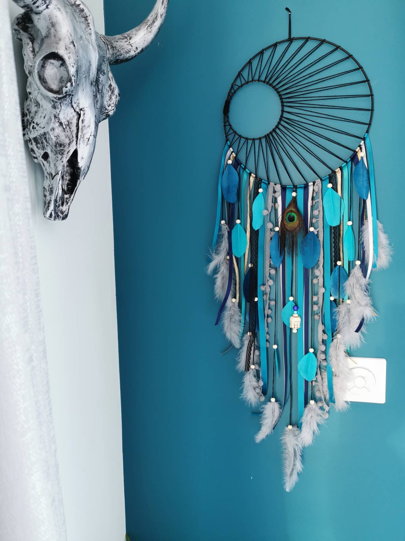 Attrape Reves Dreamcatcher Tissage Soleil Noir en Turquoise Bleu Canard et Gris Diamètre 25 cm