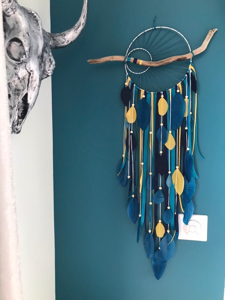 Attrape Reves Dreamcatcher Tissage Soleil Bleu Canard, en Coloris Marine et Moutarde Bois Flotté