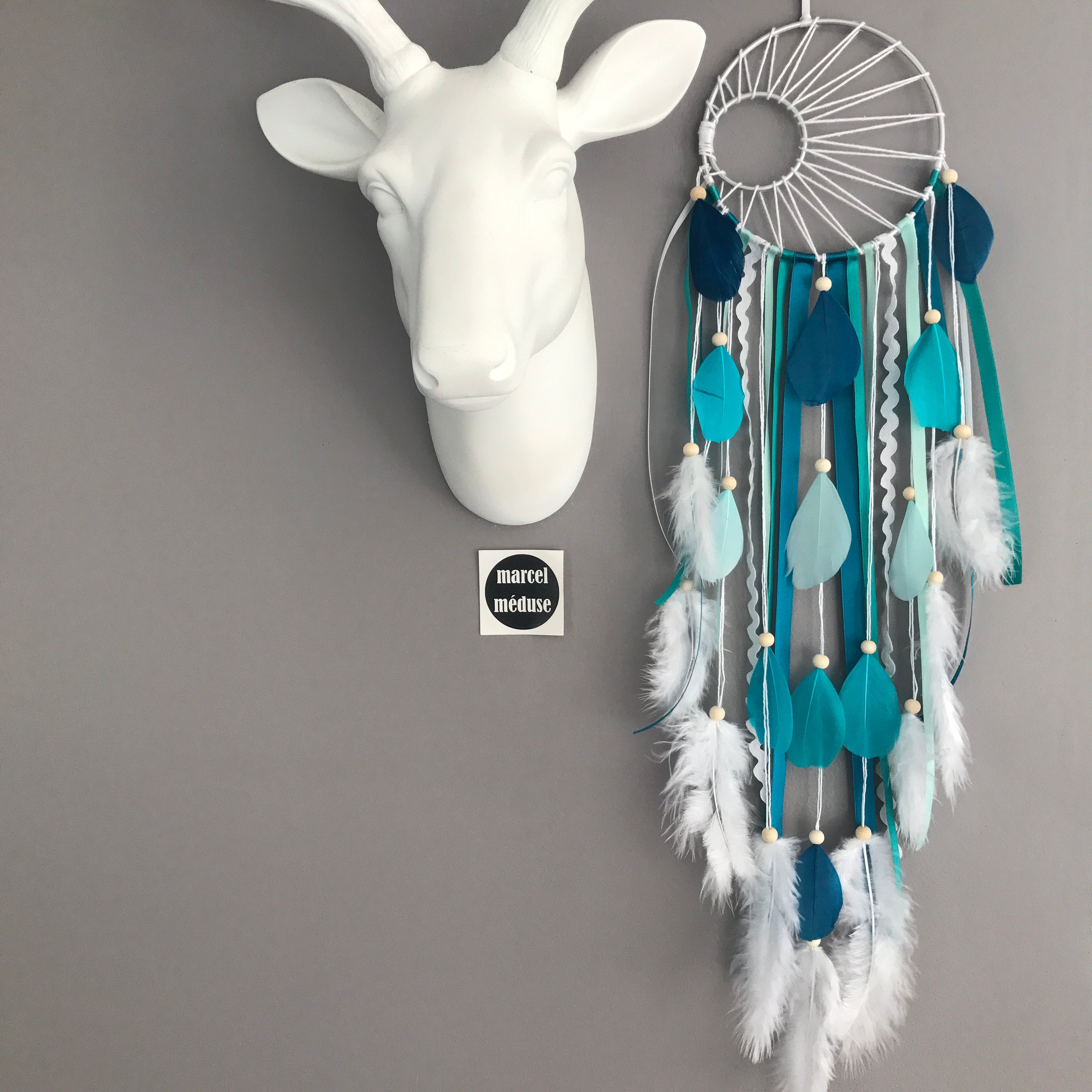 Attrape Rêves Dreamcatcher Tissage Soleil en Mint, Turquoise, Bleu Canard et Blanc