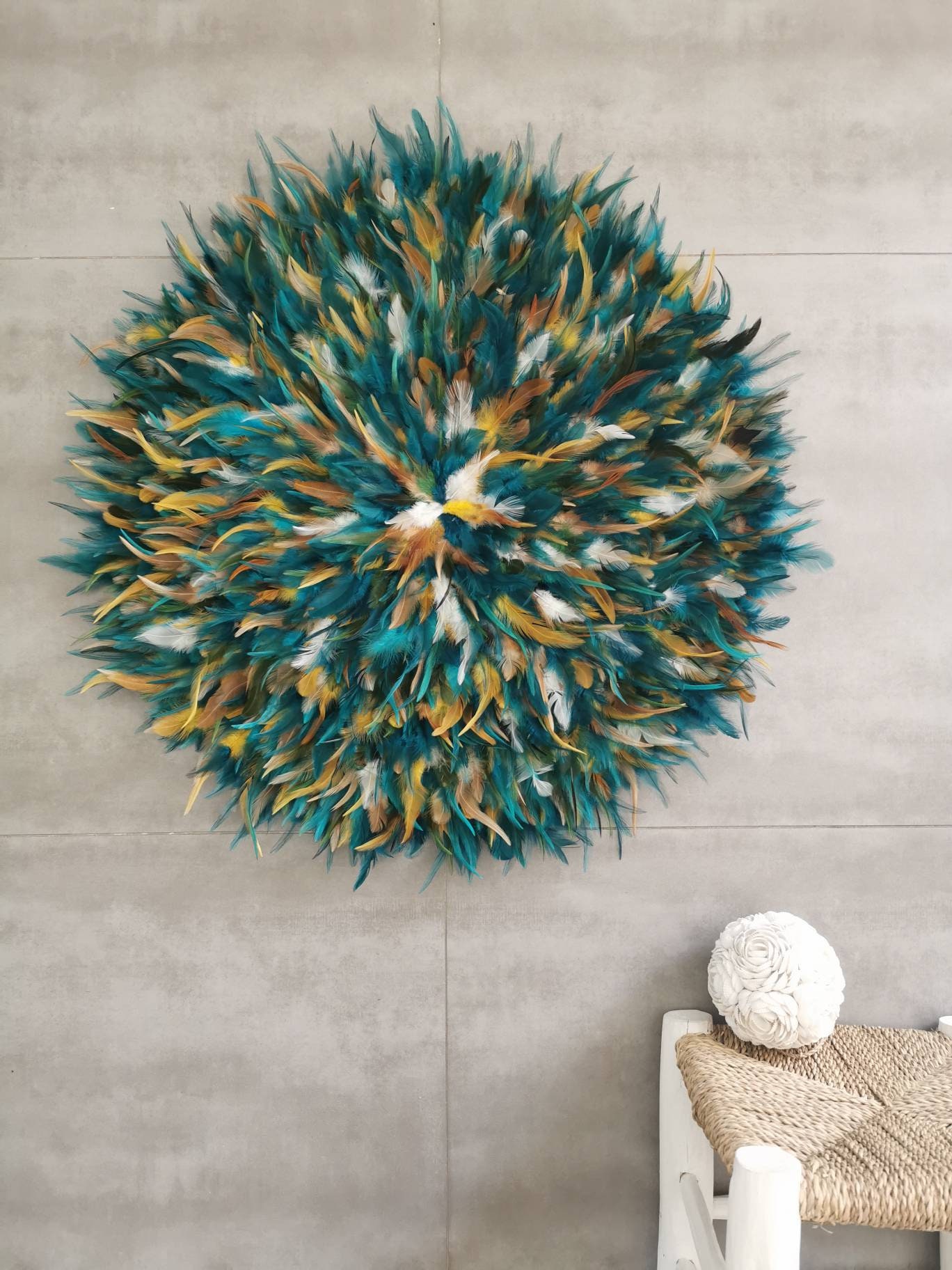 Taille Xxl Jujuhat/Juju Hat Handmade en Plumes Naturelles 70 cm de Diamètre - Coloris Bleu Vert Cana