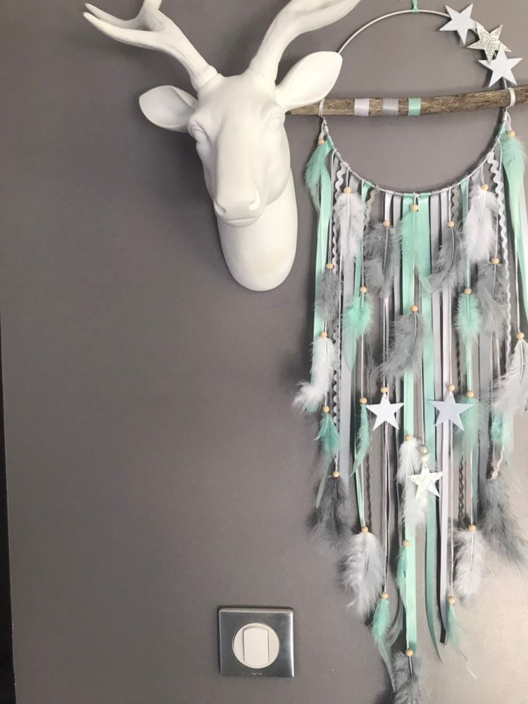 Attrape Rêves Dreamcatcher en Bois Flotté Mint, Gris et Blanc avec Étoiles