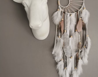 Attrape-rêves Dream catcher tissage soleil en beige, blanc et taupe