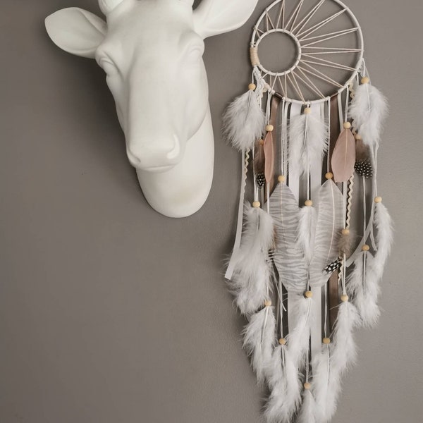 Attrape-rêves Dream catcher tissage soleil en beige, blanc et taupe