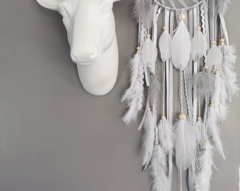 Catch dreams dreamcatcher weaving sun, silver, gray and white with sequined feathers