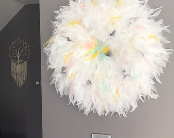 GIANT jujuhat / juju hat handmade in natural feathers 50 cm in diameter - pure white color with touches of yellow, mint, gray and powder pink